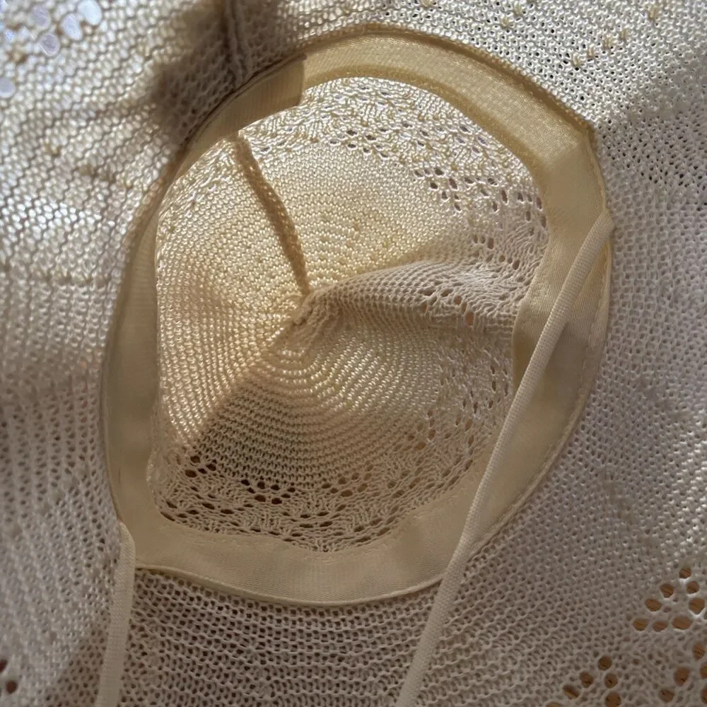 Vintage Grank Beige Sz L Lace Woven Summer Sun Hat Women's Floppy Beach Accessor